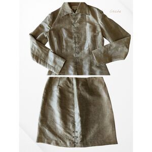 Cache 2 Piece Linen Blend Skirt Suit Beige Hook Closure Jacket Set 10